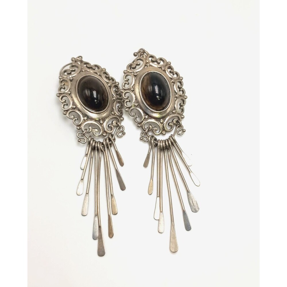 Carolee Southwest Silver filigree earrings dark brown cabochon silver dangles